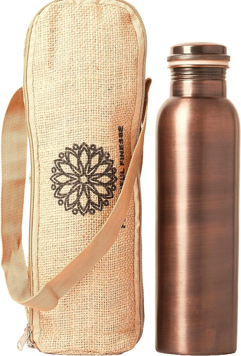 Antique Copper Water Bottle With Jute Carry bag - 34 Oz Copper Bottle For Drinking More Water Ayurvedic Copper Vessel For Yoga, Meditation, Gym, Sports, Outdoor - Pack of 1, Smooth Finish
