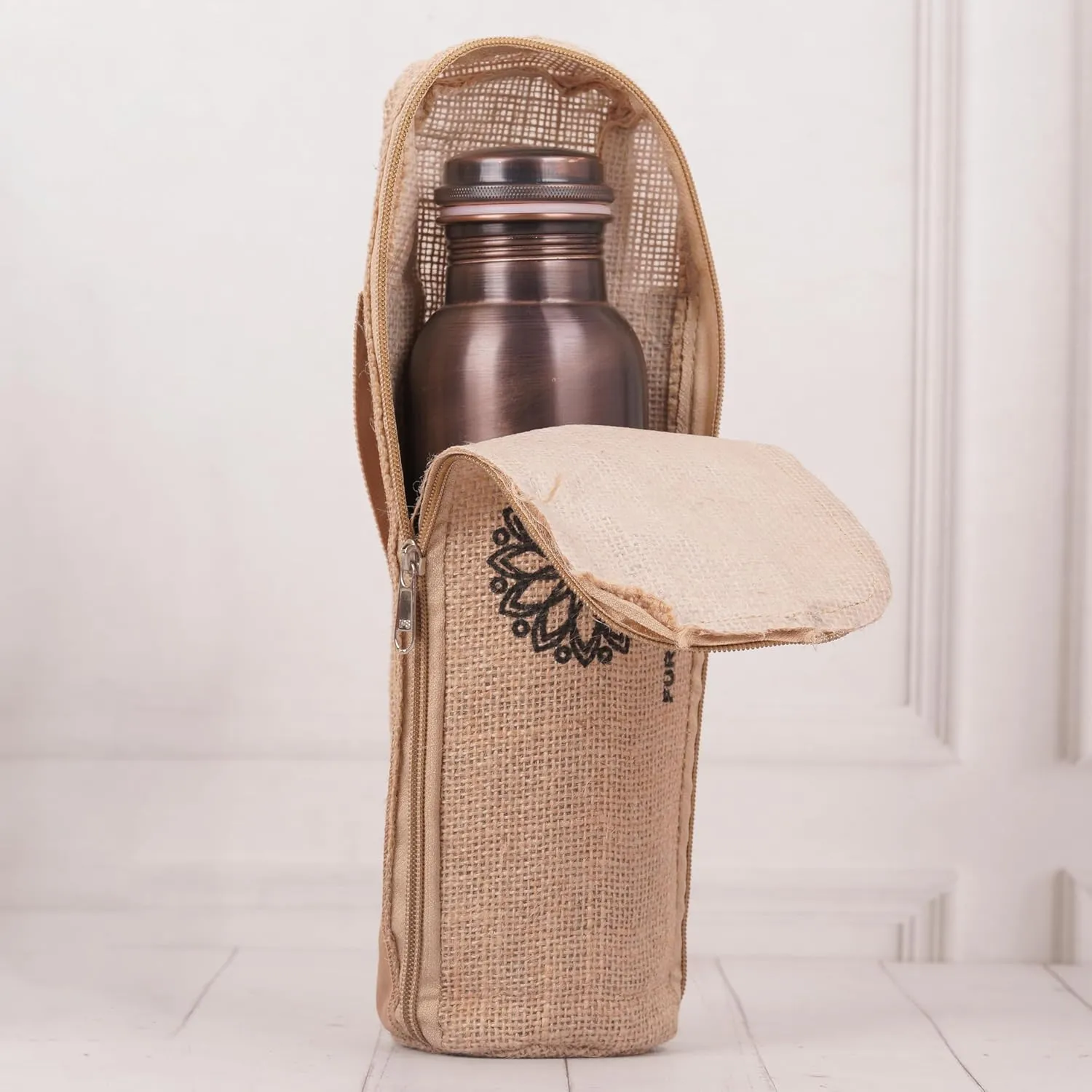 Antique Copper Water Bottle With Jute Carry bag - 34 Oz Copper Bottle For Drinking More Water Ayurvedic Copper Vessel For Yoga, Meditation, Gym, Sports, Outdoor - Pack of 1, Smooth Finish