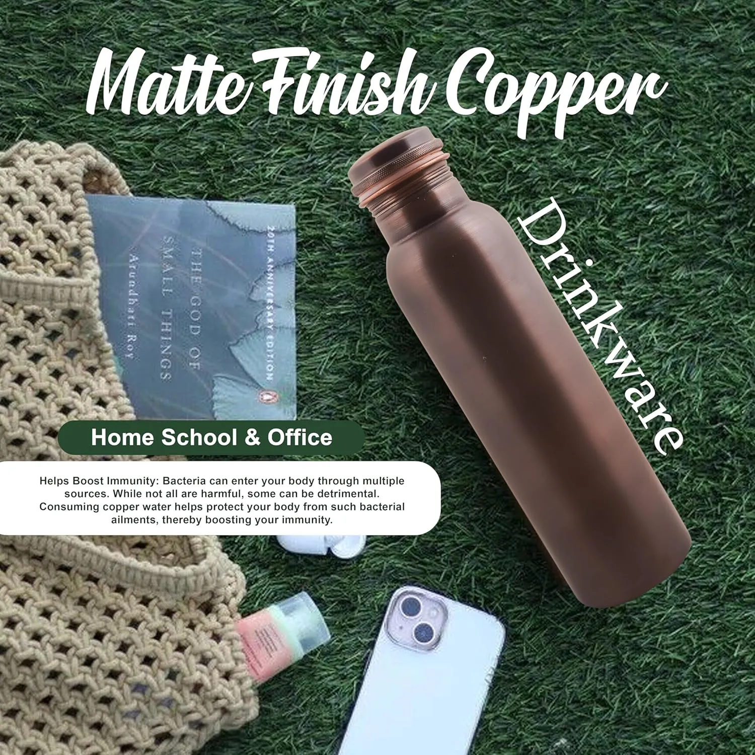 Antique Copper Water Bottle With Jute Carry bag - 34 Oz Copper Bottle For Drinking More Water Ayurvedic Copper Vessel For Yoga, Meditation, Gym, Sports, Outdoor - Pack of 1, Smooth Finish