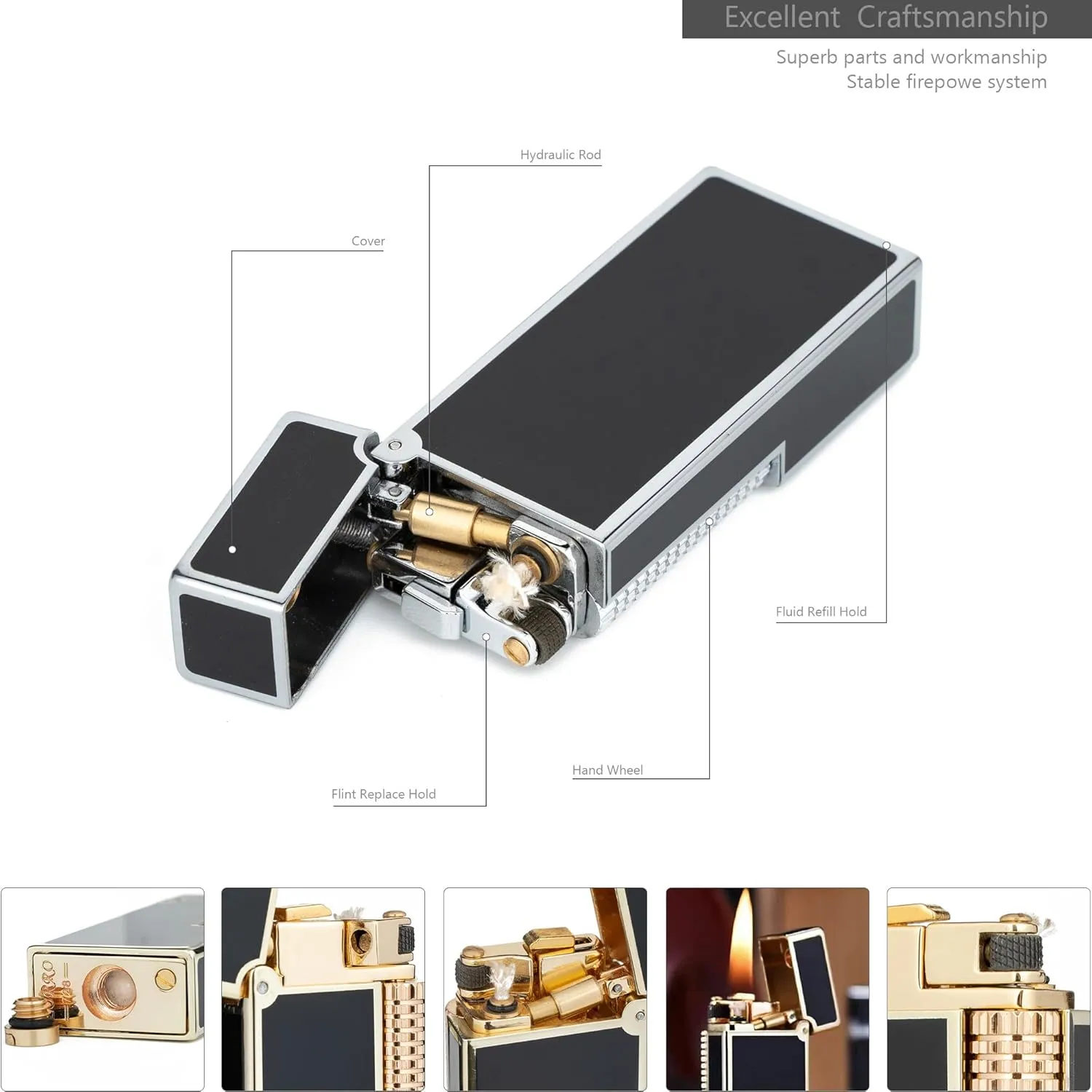 Antique Type Classic Soft Flame Kerosene Lighter Fluid Refillable Lighter, Gifts for Men (Silver Black)