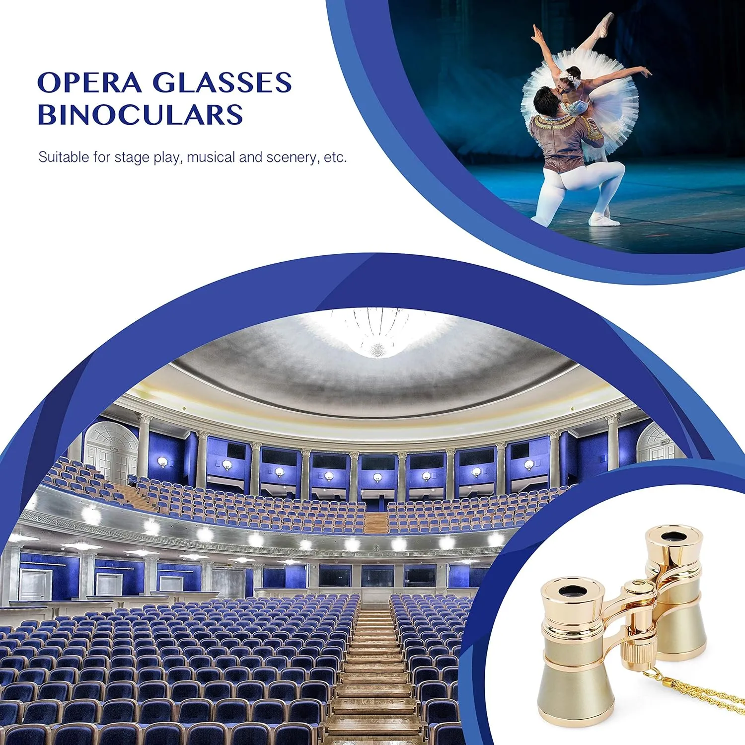 Aomekie Opera Glasses Binoculars 3X25 Theater Glasses Mini Binocular Compact with Chain for Adults Women Kids in Musical Concert（Gold）