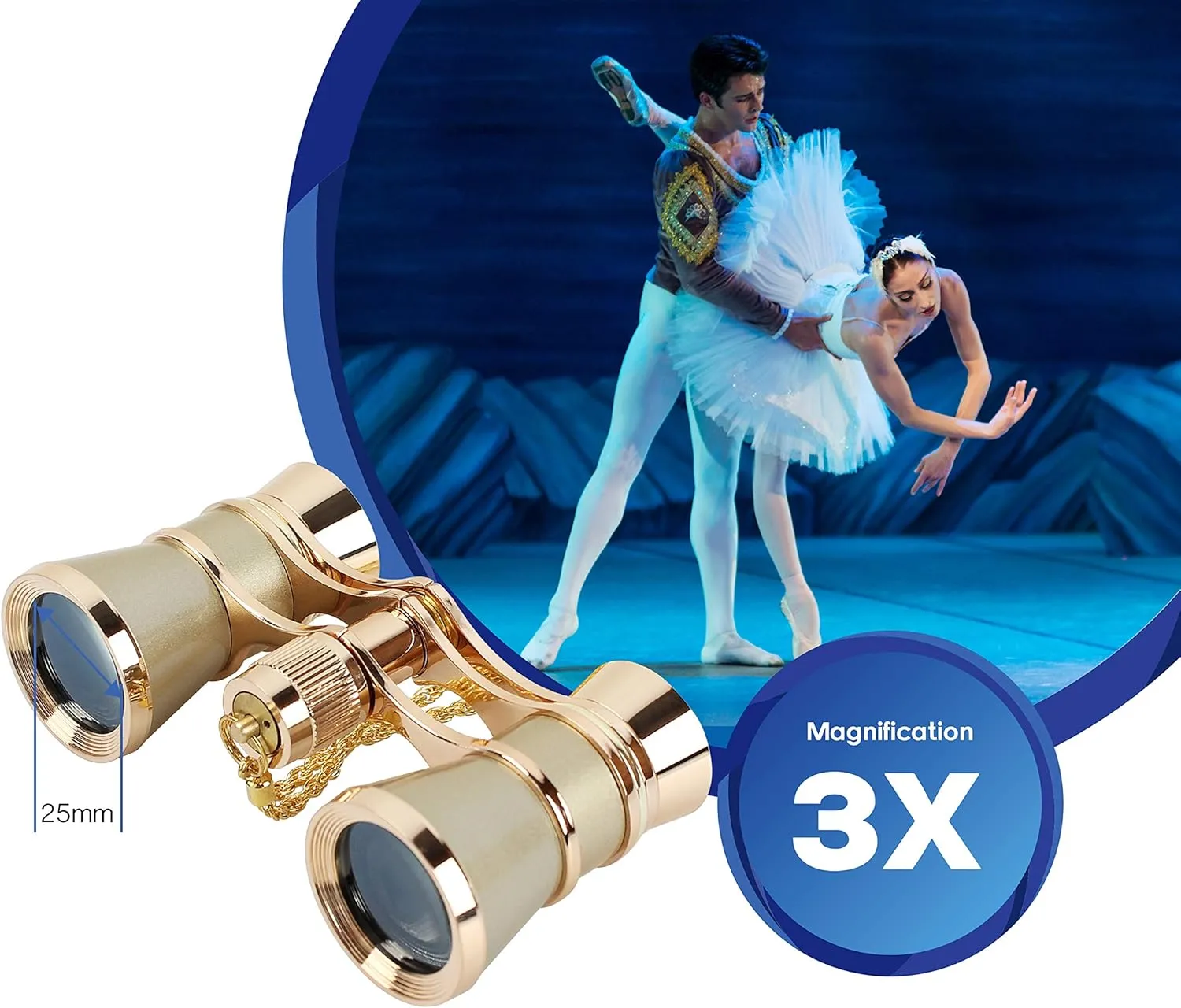 Aomekie Opera Glasses Binoculars 3X25 Theater Glasses Mini Binocular Compact with Chain for Adults Women Kids in Musical Concert（Gold）