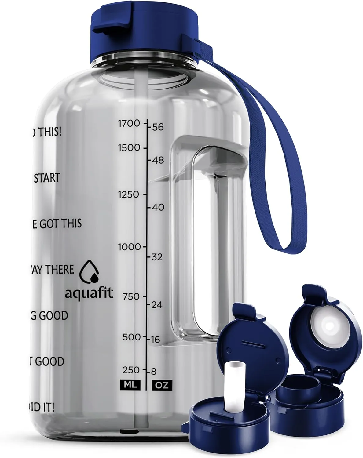 AQUAFIT Half Gallon Water Bottle With Time Marker - Straw & Chug Lid - BPA Free Big Bottle With Handle - Motivational Gym Jug (64 oz, Clarity)