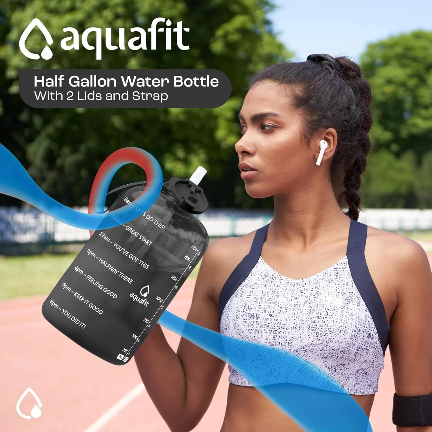 AQUAFIT Half Gallon Water Bottle With Time Marker - Straw & Chug Lid - BPA Free Big Bottle With Handle - Motivational Gym Jug (64 oz, Clarity)