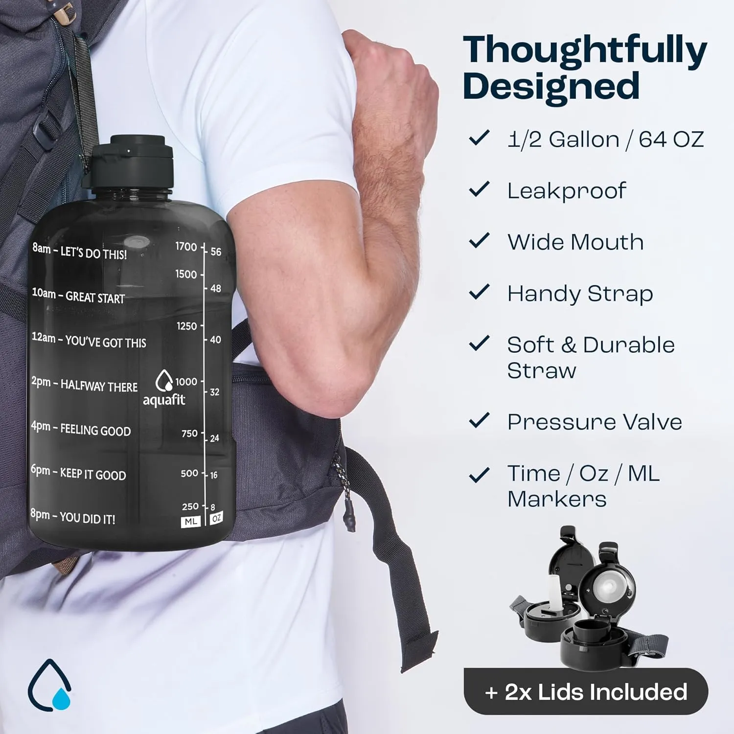 AQUAFIT Half Gallon Water Bottle With Time Marker - Straw & Chug Lid - BPA Free Big Bottle With Handle - Motivational Gym Jug (64 oz, Clarity)