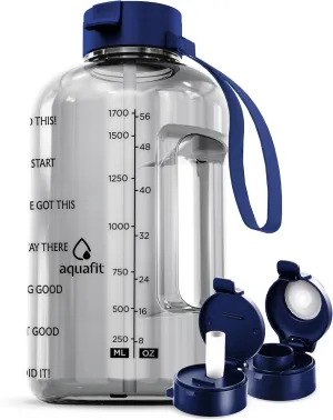 AQUAFIT Half Gallon Water Bottle With Time Marker - Straw & Chug Lid - BPA Free Big Bottle With Handle - Motivational Gym Jug (64 oz, Clarity)