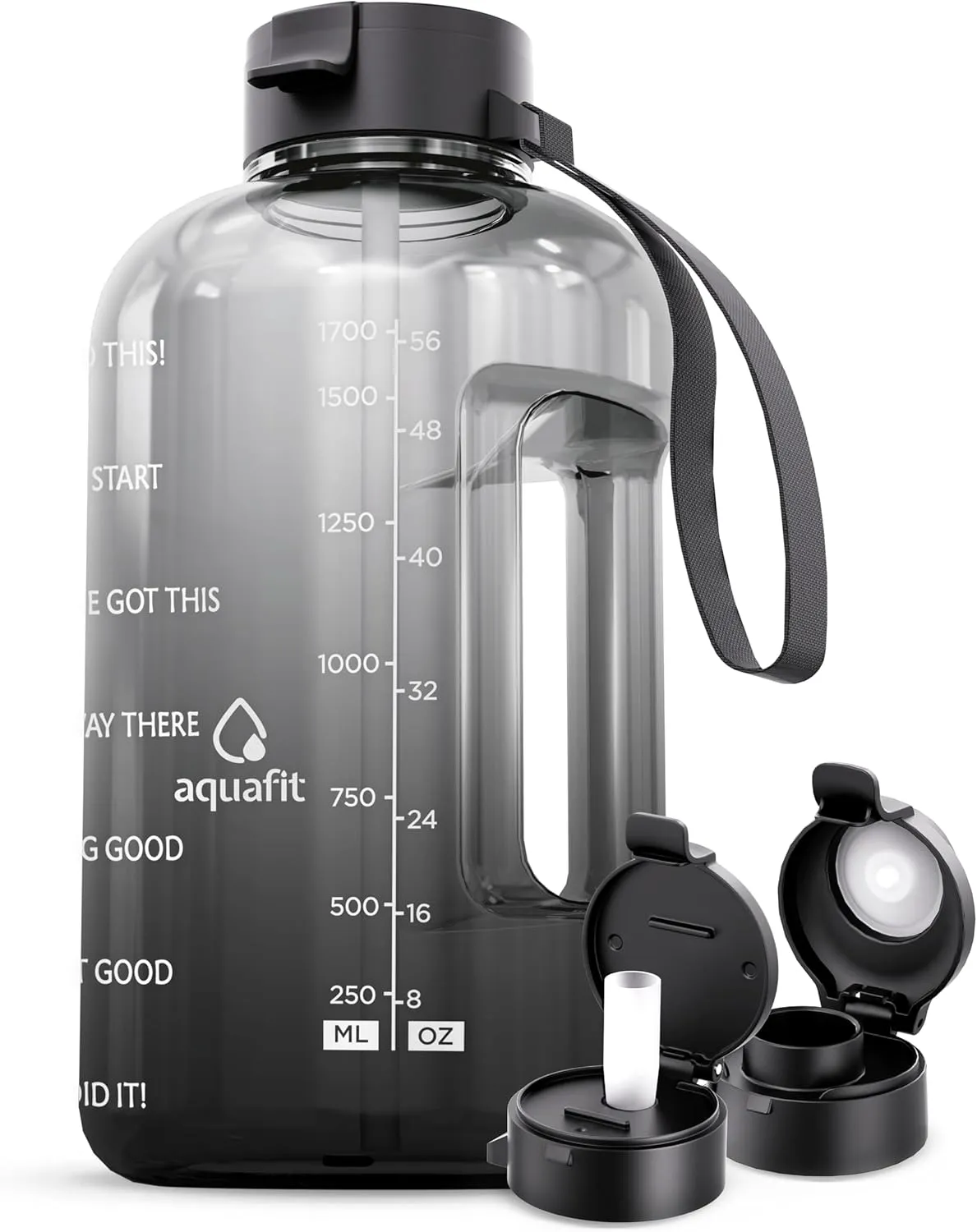 AQUAFIT Half Gallon Water Bottle with Time Marker - Straw & Chug Lid - Motivational 64 oz BPA Free B Ombre Jug