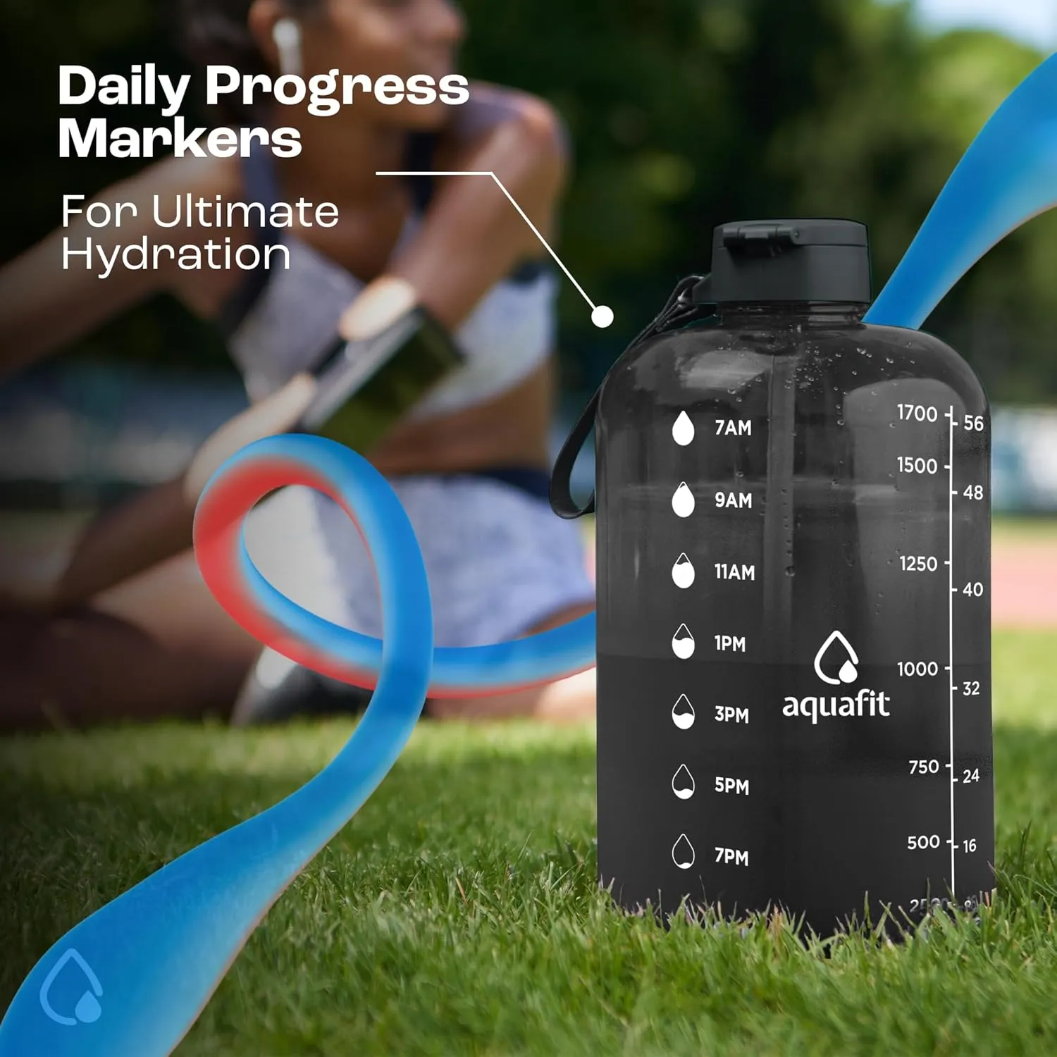 AQUAFIT Sports Motivational Water Bottle With Times To Drink , Straw, Time Marker for Gym- 128 oz - Large - Jug 1 Gallon