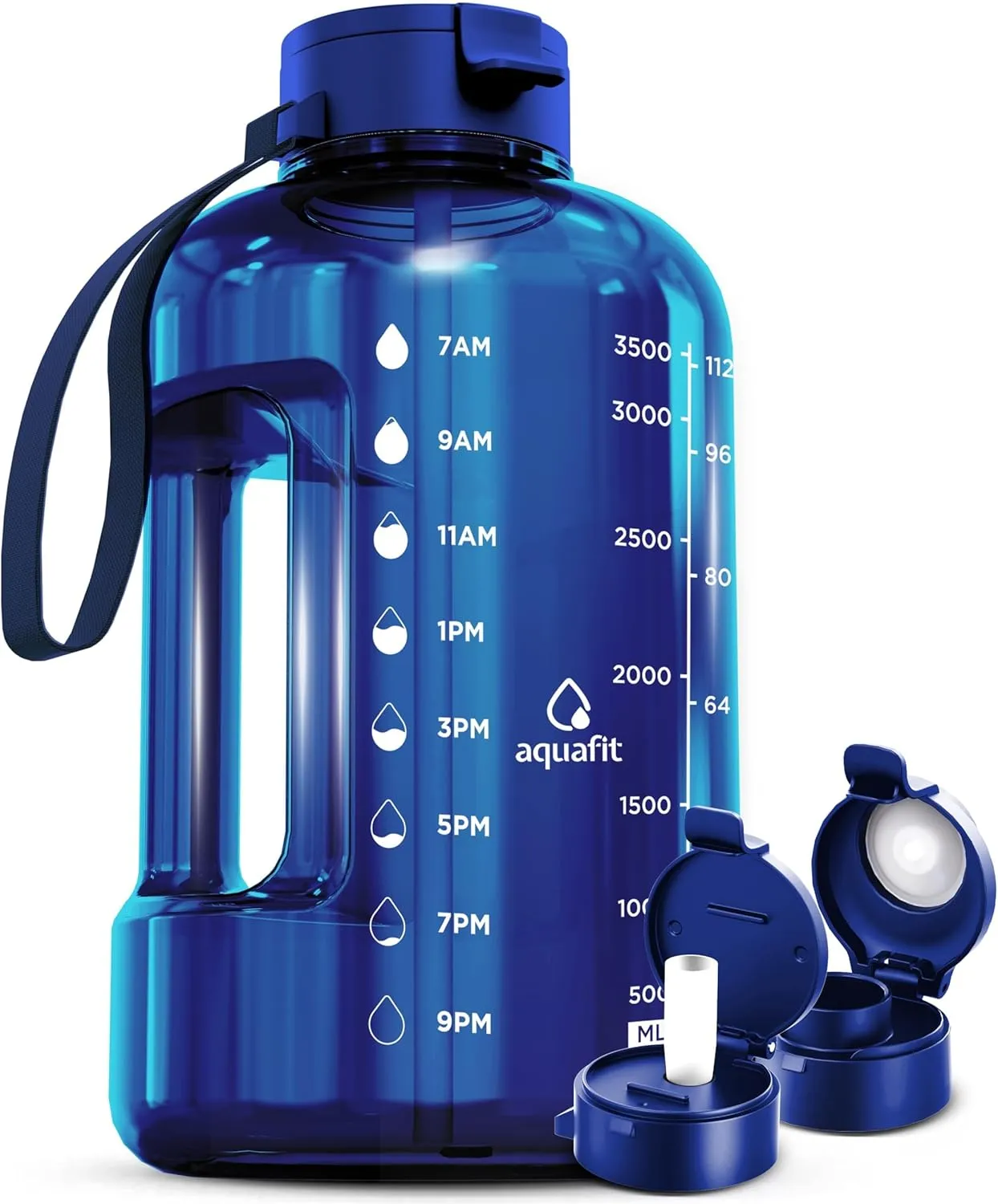 AQUAFIT Sports Motivational Water Bottle With Times To Drink , Straw, Time Marker for Gym- 128 oz - Large - Jug 1 Gallon