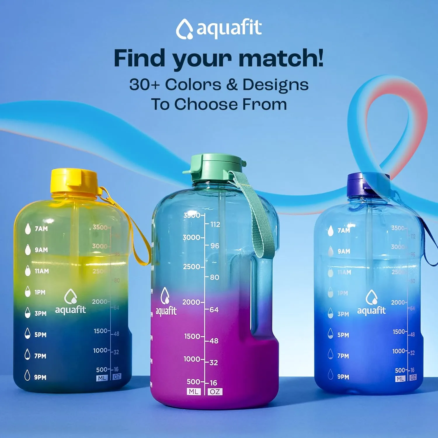 AQUAFIT Sports Motivational Water Bottle With Times To Drink , Straw, Time Marker for Gym- 128 oz - Large - Jug 1 Gallon