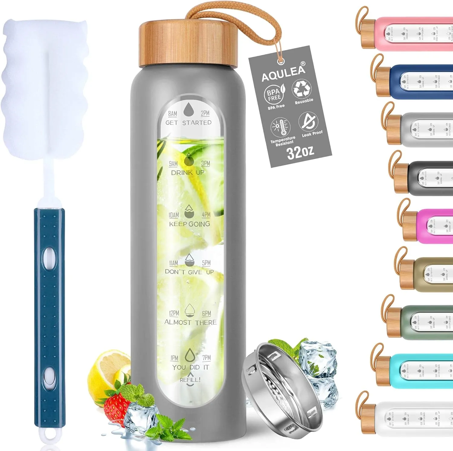 Aqulea Glass Water Bottles 32 Oz with Silicone Sleeve - BPA Free Reusable Wide Mouth Glass Motivational Water Bottles with Fruit Infuser – Leak Proof Borosilicate Water Bottle with Time Marker (Grey)