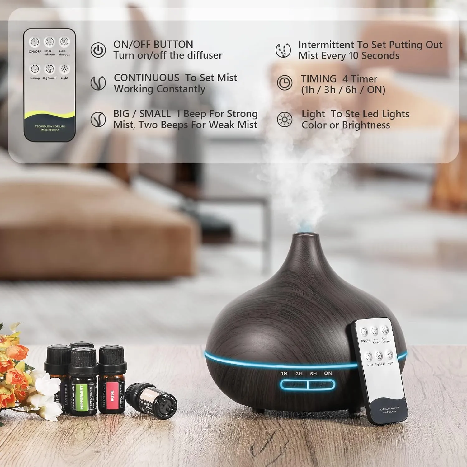 Aroma Diffiser with Essential Oils Set, 550 ML Essential Oil Diffuser with Remote, Ultrasonic Technology Aromatherapy Diffusers Auto Shut-Off for Office, Home