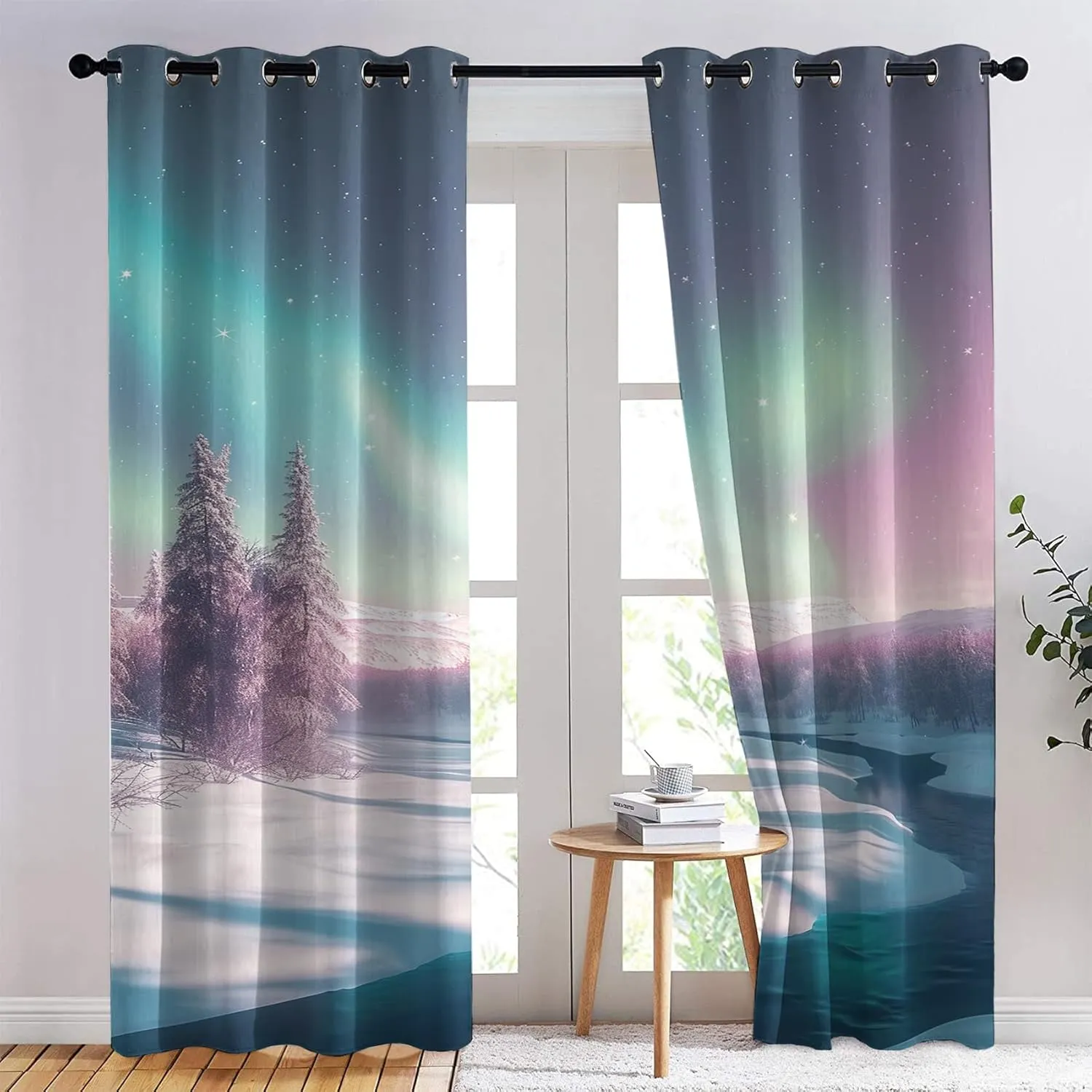 Aurora Borealis Blackout Curtains for Bedroom 54 Inch Long 2 Panels, Polar Scenery Thermal Insulated Curtain, Grommet Drapes, Northern Lights Noise Reducing Window Decoration for Living Room