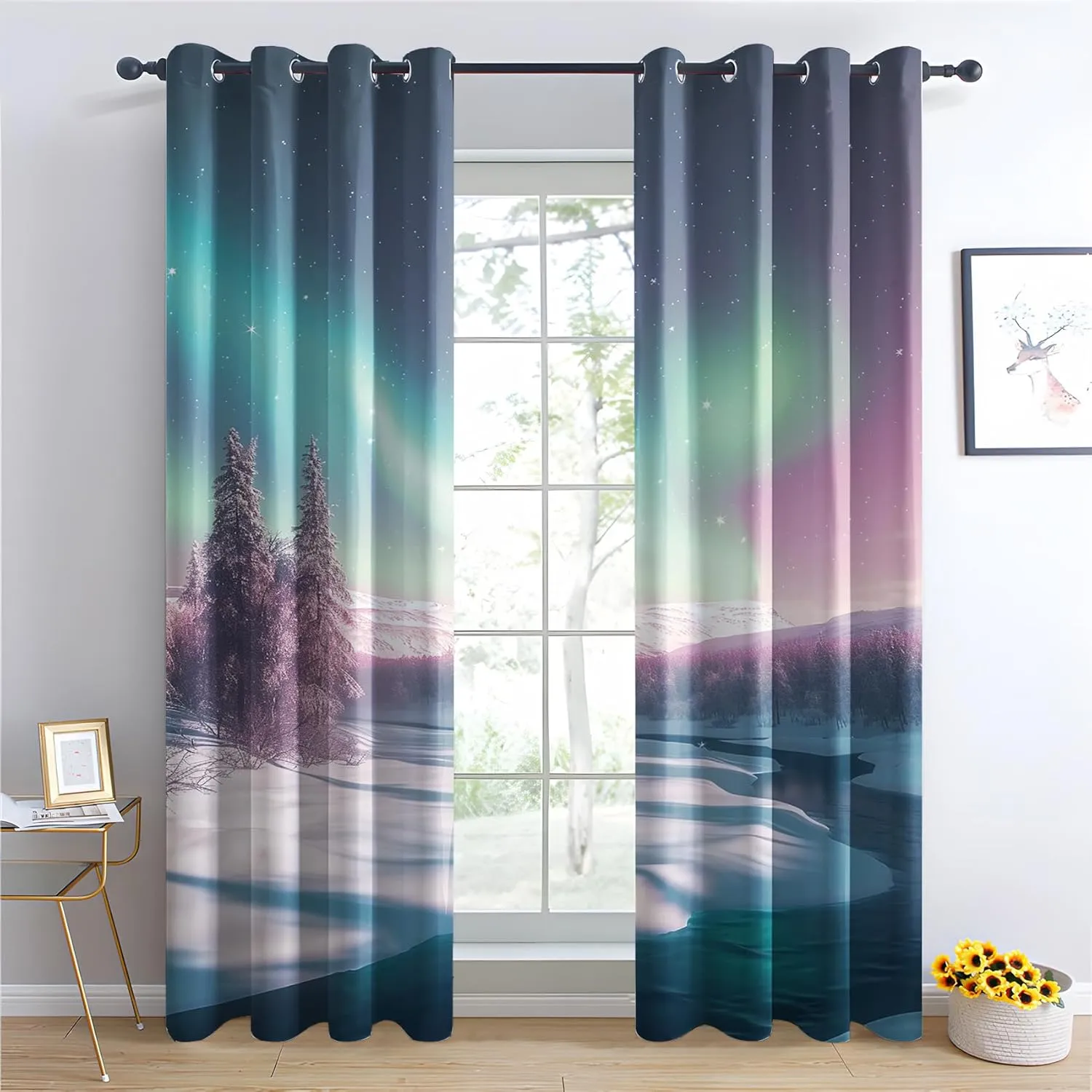 Aurora Borealis Blackout Curtains for Bedroom 54 Inch Long 2 Panels, Polar Scenery Thermal Insulated Curtain, Grommet Drapes, Northern Lights Noise Reducing Window Decoration for Living Room