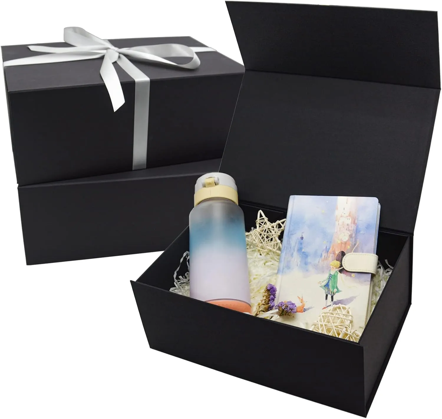 AuroWish 3 Pack Large Gift Box for Present, 12.5 x 8.5 x 4.75 Inches, Black Gift Box with Magnetic Lid, Collapsible Gift Box with Ribbons, Gift boxes with Lids for Christmas, Bridesmaid Proposal, Wedding, Birthday