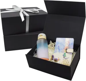 AuroWish 3 Pack Large Gift Box for Present, 12.5 x 8.5 x 4.75 Inches, Black Gift Box with Magnetic Lid, Collapsible Gift Box with Ribbons, Gift boxes with Lids for Christmas, Bridesmaid Proposal, Wedding, Birthday