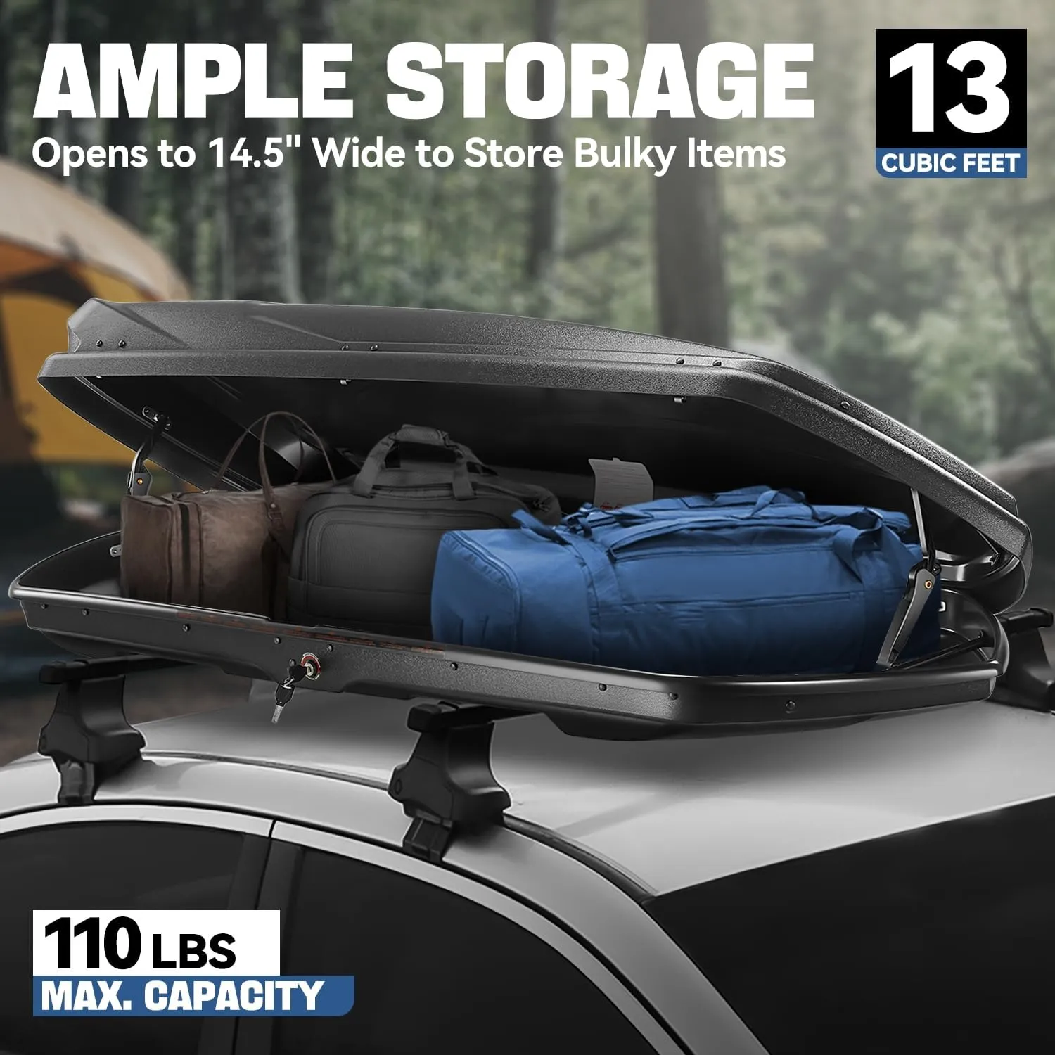 Auto Dynasty Rooftop Cargo Box Hard Shell Carrier Waterproof Storage Case with Locks & Keys Fits Vehicles with Cross Bars, 13 Cubic Feet 110LBS Capacity, 72'' L x 30'' W x 12'' H, Textured Black