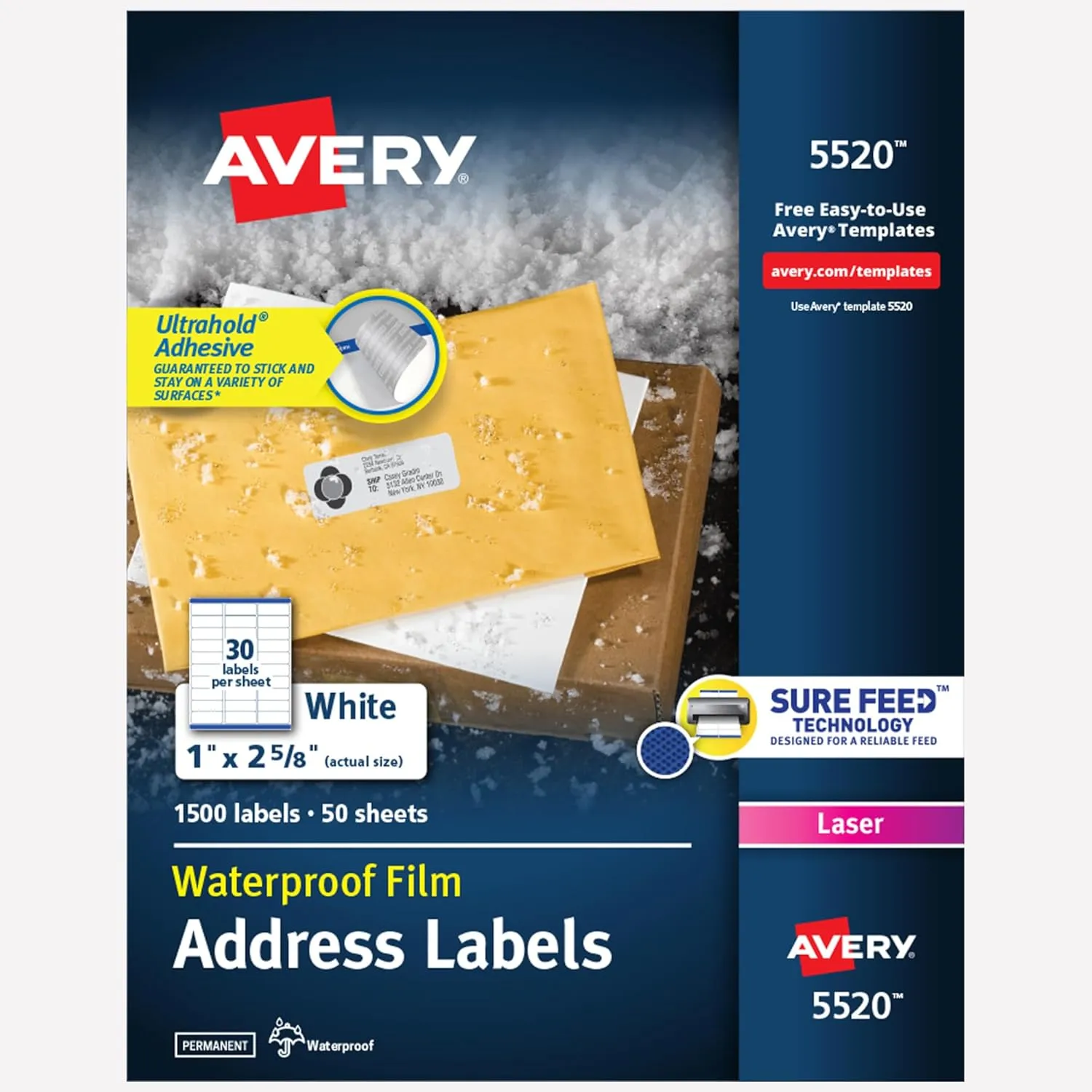 Avery Waterproof Sticker Labels for Printer - 1" x2-5/8 Mailing Labels, Ultrahold Permanent Adhesive, Laser Printers, 1,500 Printable Avery Address Label Sheets (5520)