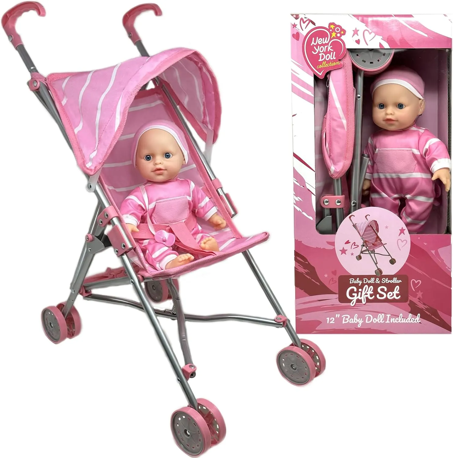 Baby Doll with Stroller Set - 12" Baby Doll with Pacifier Gift Set - Pink Fabric Baby Stroller Toy for Kids - Foldable Play Stroller for Dolls with Canopy - Baby Doll Stroller for Toddlers, Girls