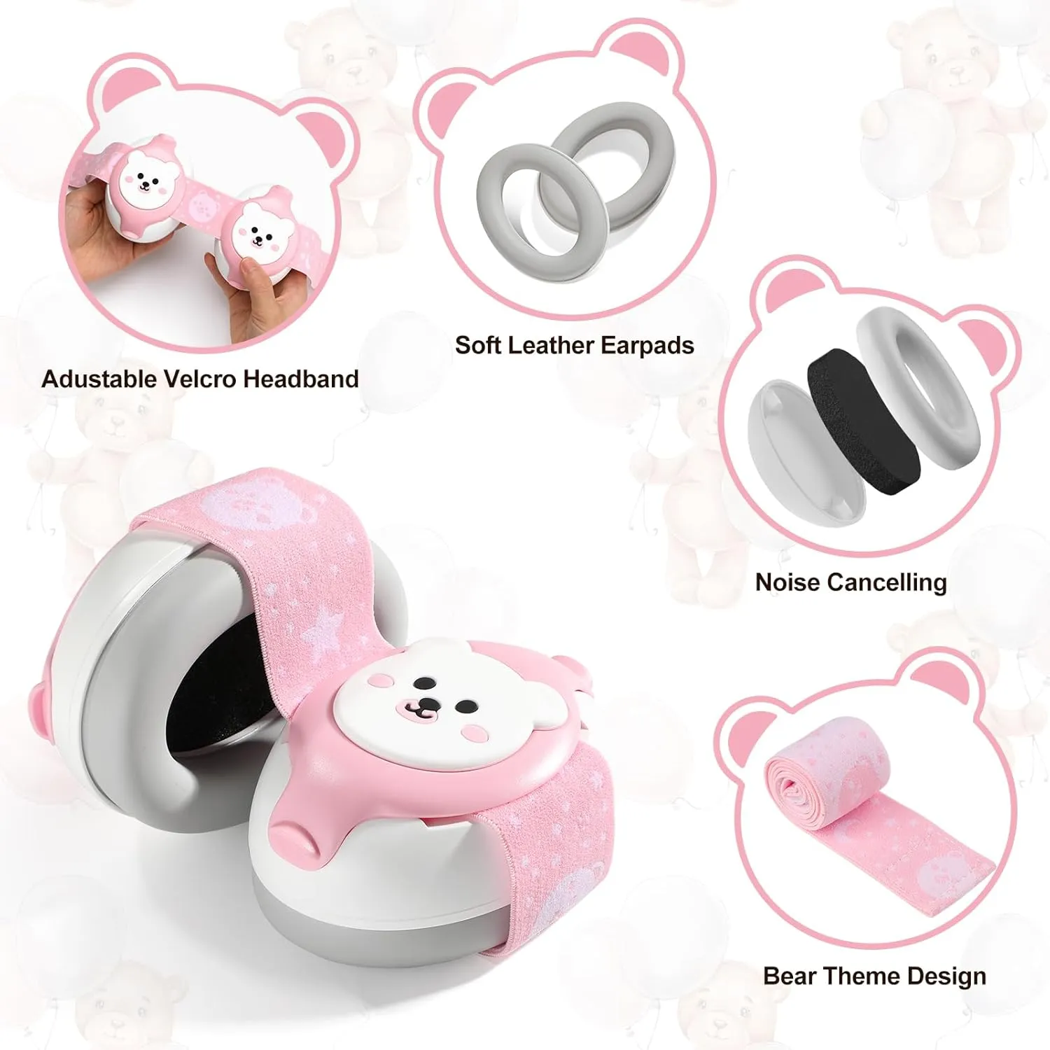 Baby Ear Protection,Bear Baby Headphones Noise Cancelling for Infant Hearing Protection Ages 0-36 Month,25dB NRR Infant Earmuffs,Ideal Travel Essentials for Airplane/Sleep/Plane/Noisy Event Pink