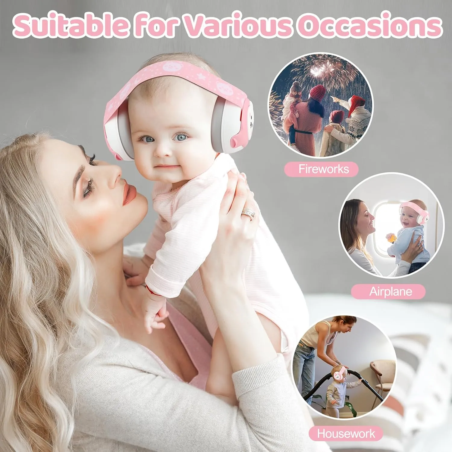 Baby Ear Protection,Bear Baby Headphones Noise Cancelling for Infant Hearing Protection Ages 0-36 Month,25dB NRR Infant Earmuffs,Ideal Travel Essentials for Airplane/Sleep/Plane/Noisy Event Pink