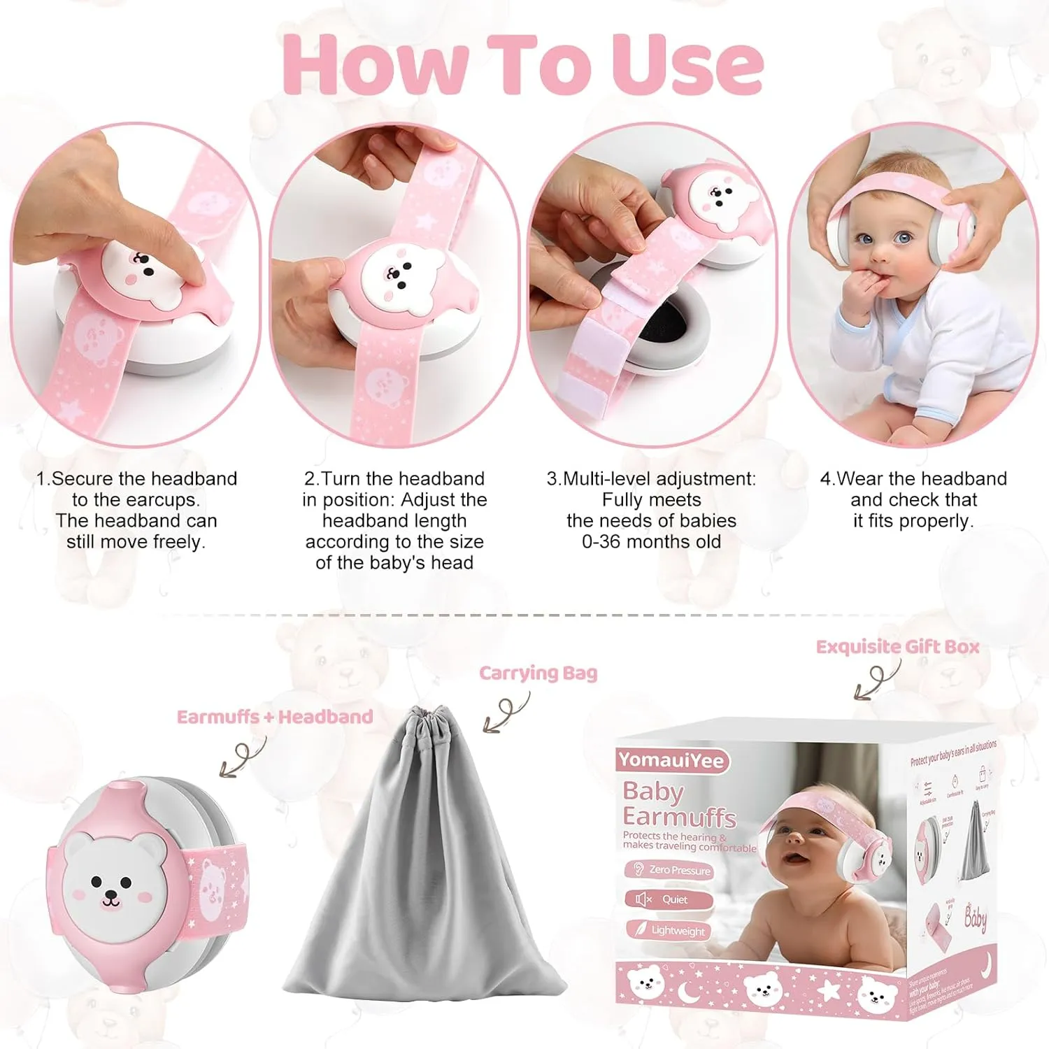 Baby Ear Protection,Bear Baby Headphones Noise Cancelling for Infant Hearing Protection Ages 0-36 Month,25dB NRR Infant Earmuffs,Ideal Travel Essentials for Airplane/Sleep/Plane/Noisy Event Pink