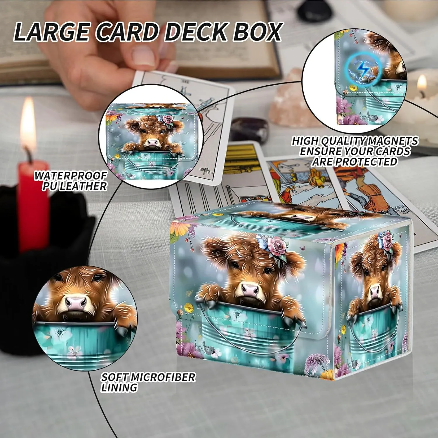Baby Highland Cow Flower Card Deck Box Trading Cards with Strong Magnet Commander Deck Box Card Storage Box Magic Premium Card Storage Box Case Cover for TCG CCG Magic Cards