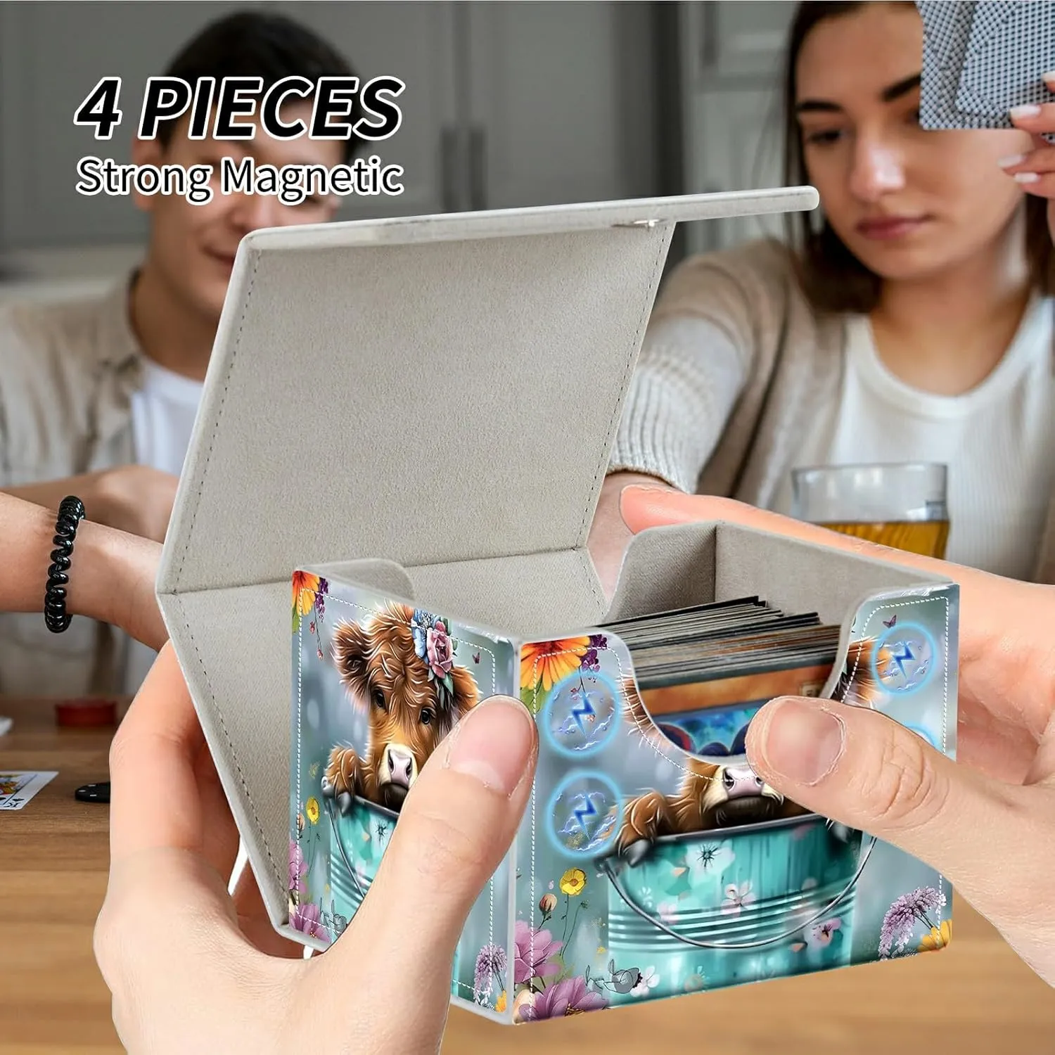 Baby Highland Cow Flower Card Deck Box Trading Cards with Strong Magnet Commander Deck Box Card Storage Box Magic Premium Card Storage Box Case Cover for TCG CCG Magic Cards