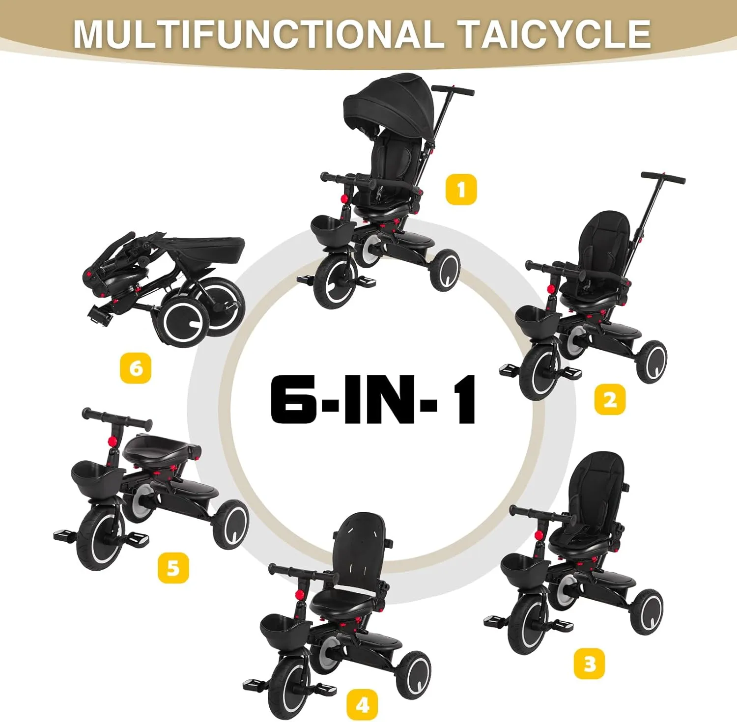 Baby Tricycle, 6-in-1 Folding Kids Trike with Removable Push Handle, Rotatable Seat, Adjustable Canopy, Storage Box, Safety Harness, Balance Bike, Toddler Trike for 7 Months - 5 Year Girls and Boys