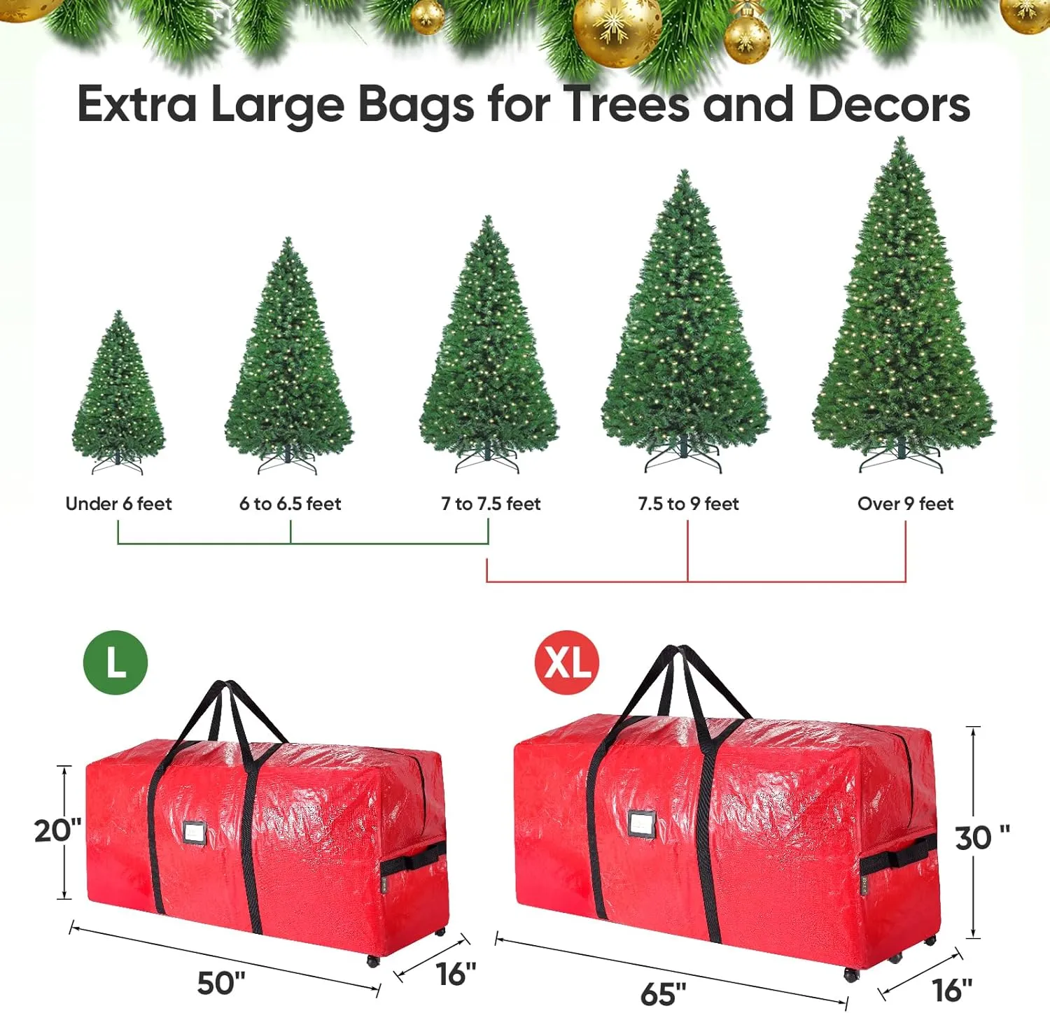 BALEINE 7.5 ft Rolling Christmas Tree Storage Bag, 2 Swivel Wheels for Easy Moving, Heavy Duty Extra Large Artificial Christmas Tree Bag with Reinforced Carry Handles and Fixed Buckle (Black)