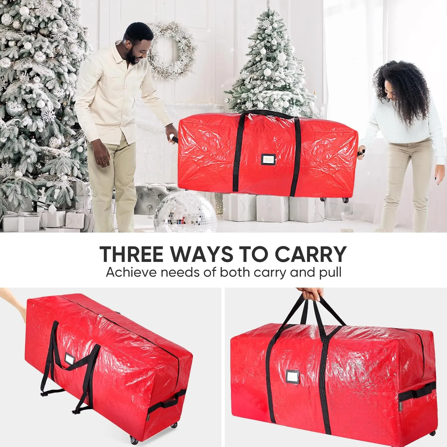 BALEINE 7.5 ft Rolling Christmas Tree Storage Bag, 2 Swivel Wheels for Easy Moving, Heavy Duty Extra Large Artificial Christmas Tree Bag with Reinforced Carry Handles and Fixed Buckle (Black)