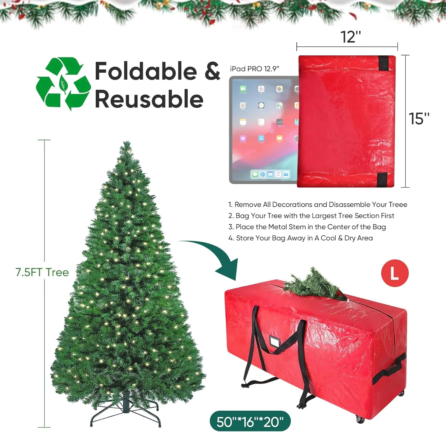 BALEINE 7.5 ft Rolling Christmas Tree Storage Bag, 2 Swivel Wheels for Easy Moving, Heavy Duty Extra Large Artificial Christmas Tree Bag with Reinforced Carry Handles and Fixed Buckle (Black)