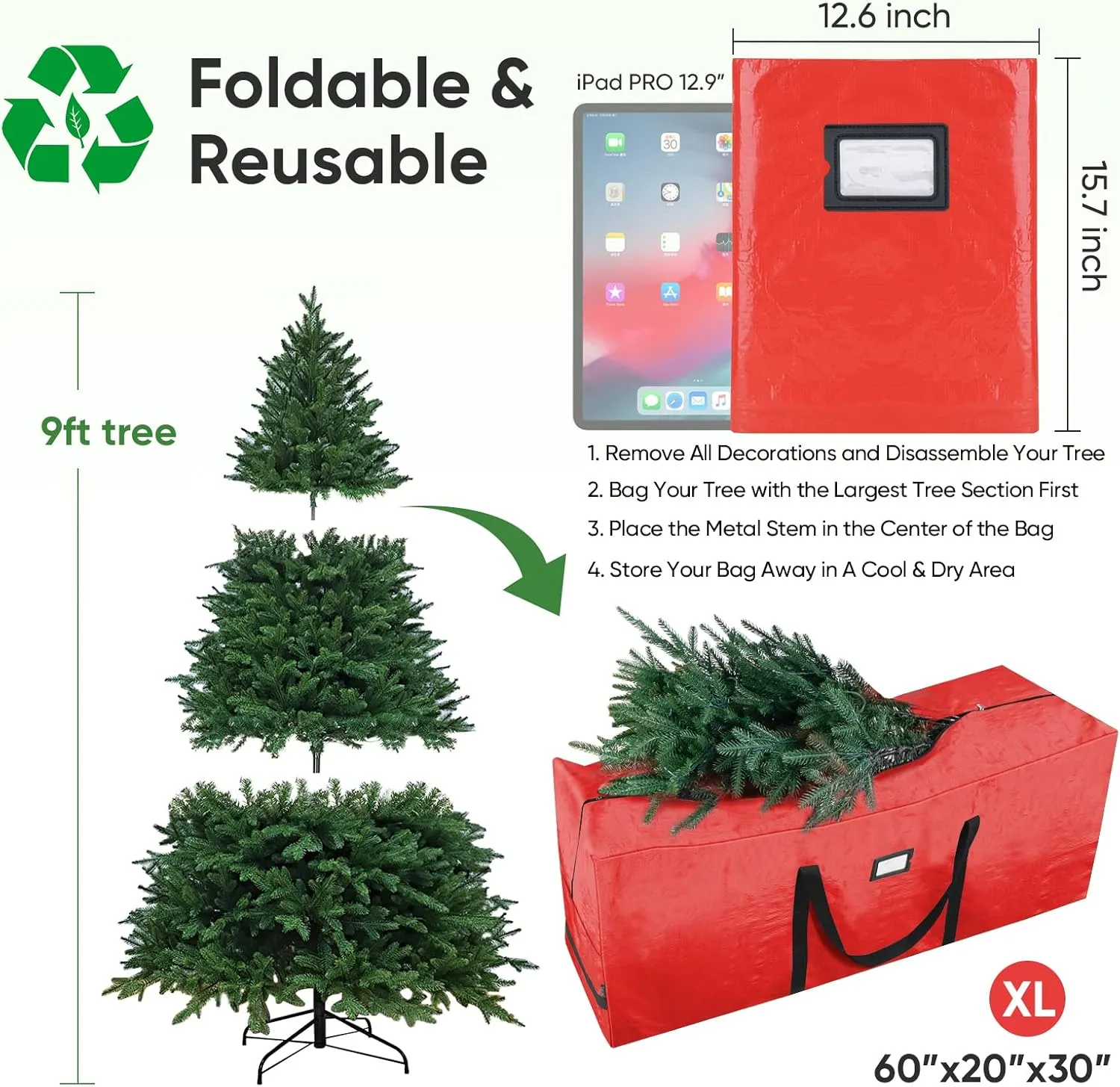 BALEINE 9 ft Christmas Tree Storage Bag, Heavy Duty Extra Large Artificial Christmas Tree Bag with Reinforced Handles and Dual Zippers Wide Opening (Red, 9 ft)