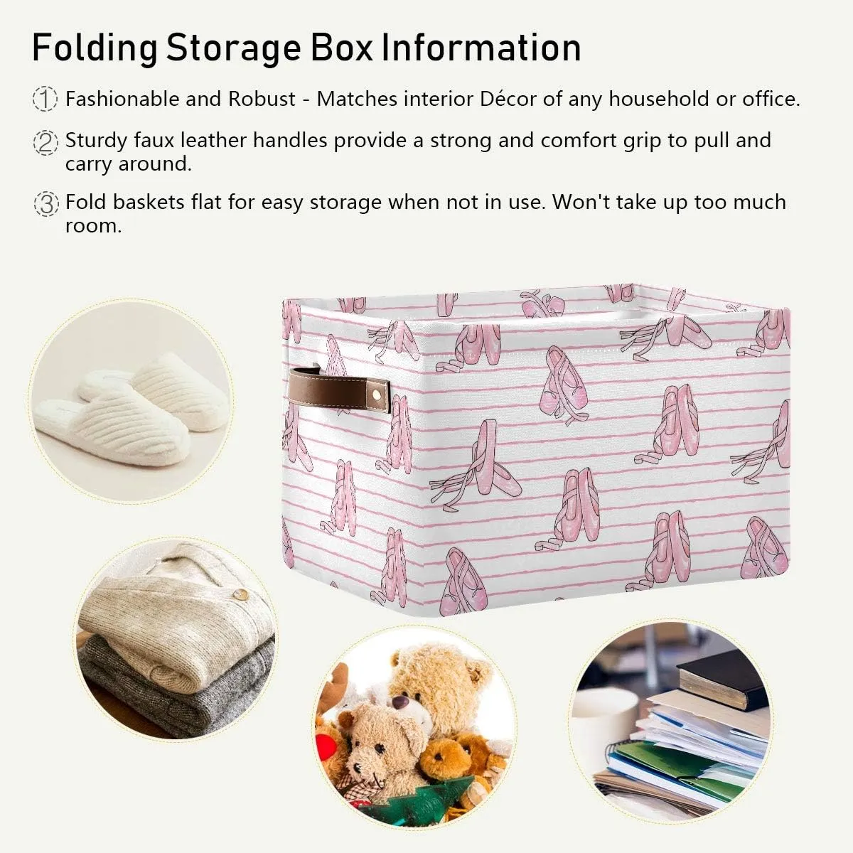Ballet Shoes Storage Basket Bin, Large Cube Storage Box Canvas Collapsible Storage Organizer for Home Office Closet - 15 L x 11 W x 9.5 H