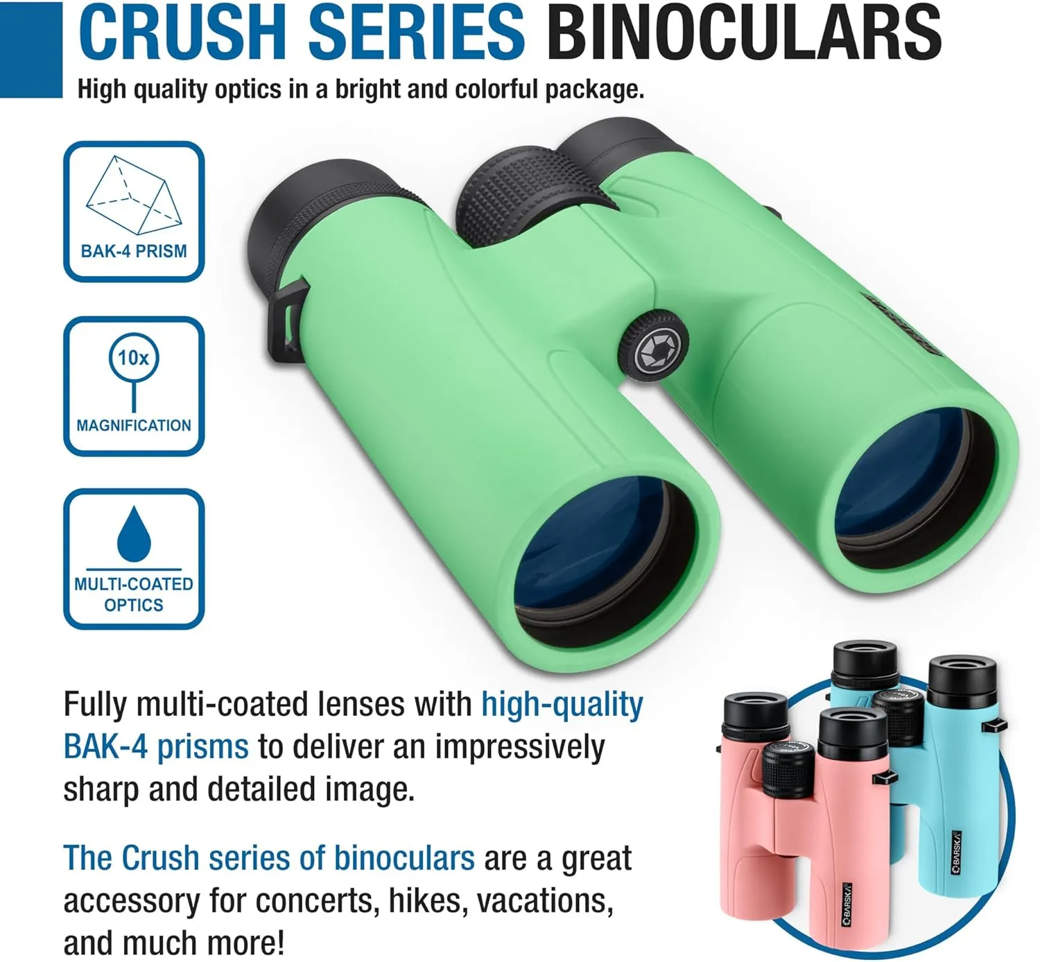 Barska Crush 10x42 Shockproof Lightweight Colorful Binoculars Fully-Multi Coated for Hunting, Hiking, Concerts, Sports with Carrying Case & Neck Strap