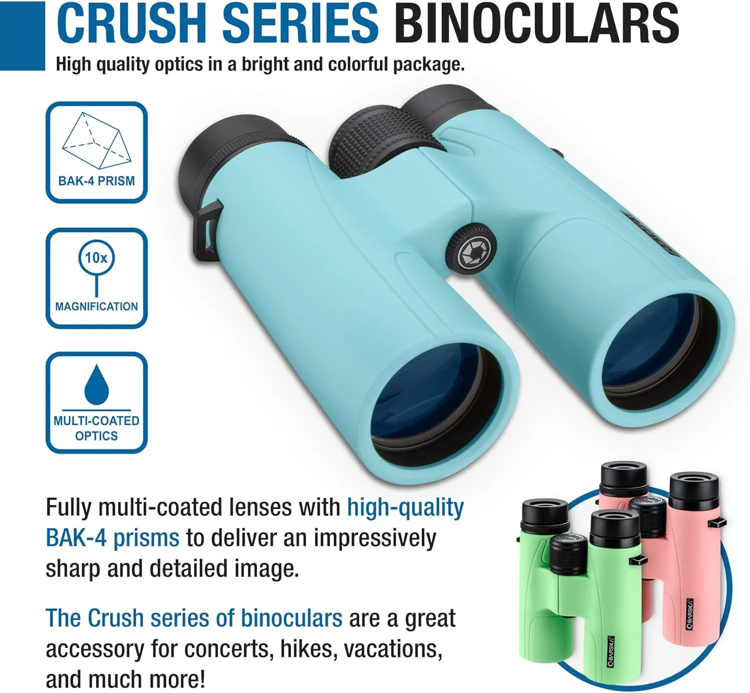 Barska Crush 10x42 Shockproof Lightweight Colorful Binoculars Fully-Multi Coated for Hunting, Hiking, Concerts, Sports with Carrying Case & Neck Strap