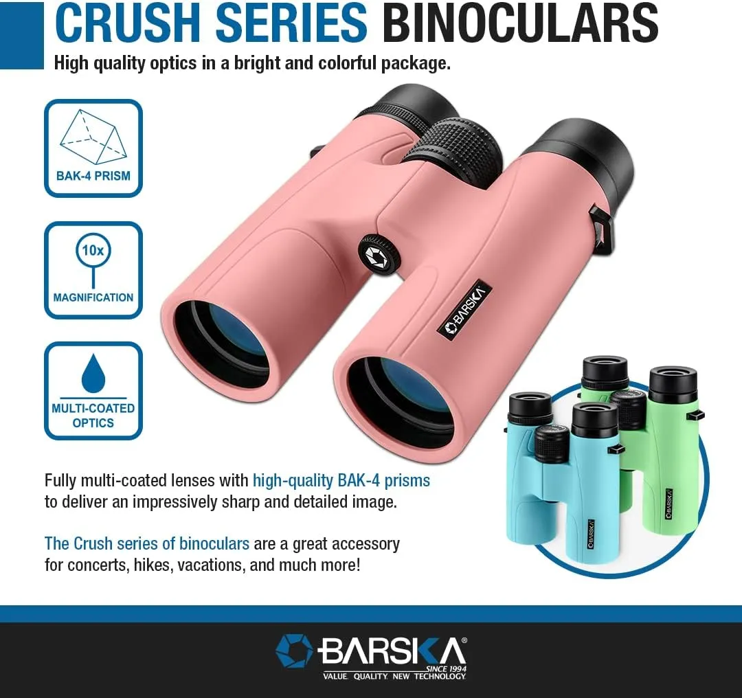 Barska Crush 10x42 Shockproof Lightweight Colorful Binoculars Fully-Multi Coated for Hunting, Hiking, Concerts, Sports with Carrying Case & Neck Strap
