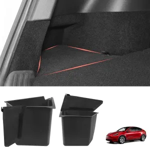 BASENOR 2020 2021 Tesla Model Y Trunk Organizer, Waterproof Rear Trunk Storage Bins Side Box with Carpeted Lip Interior Accessories Set of 2 for 5-Seater