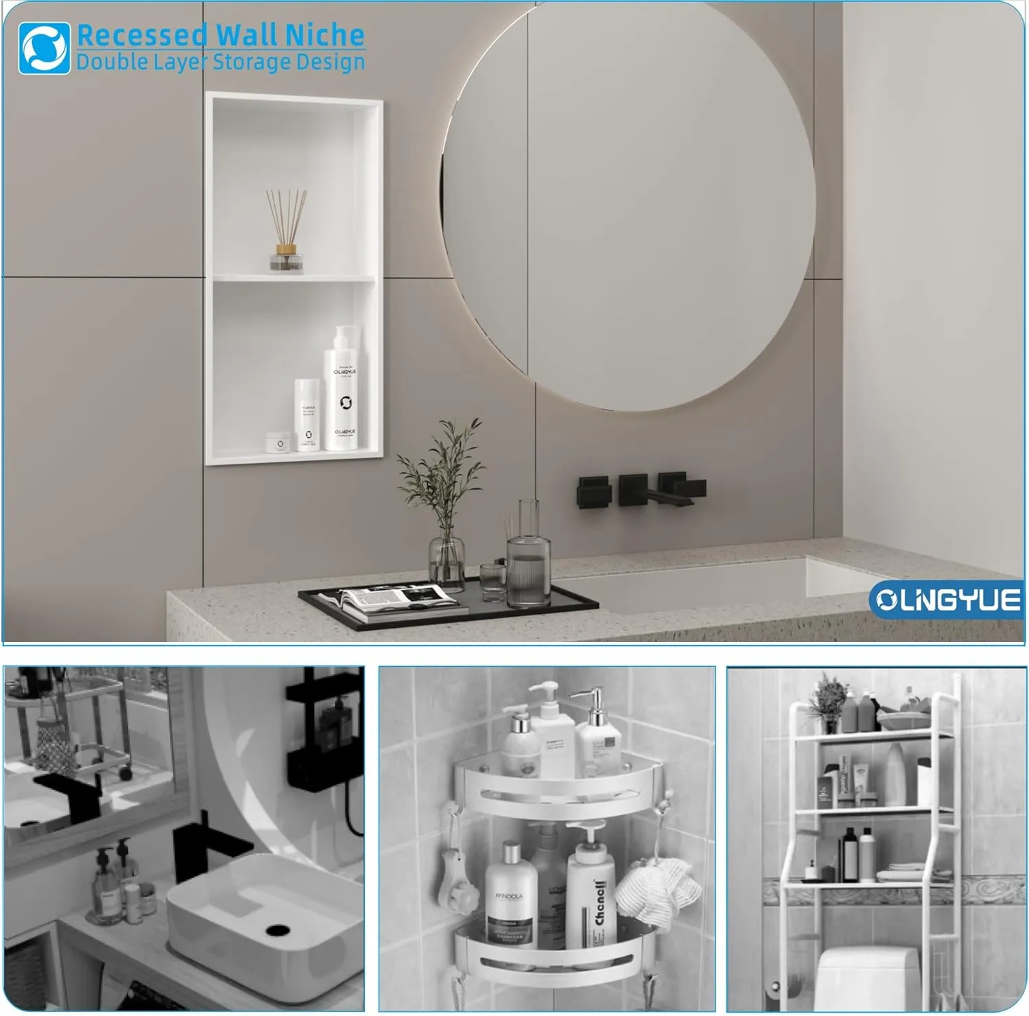 Bathroom Shower Niche Stainless Steel: No Tile Needed Double Layer - 12"x24" Recessed Wall Niches shelves for House Decoration - Matte White