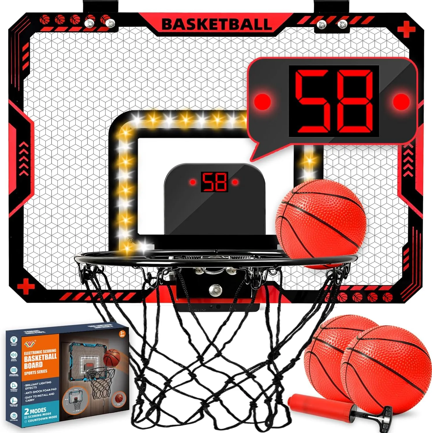 BATURU Basketball Hoop Indoor for Kids with LED Scoreboard – Over The Door Mini Basketball Hoop with Lights, Sound & 2 Game Modes – Includes 3 Balls, Pumps & Tools – Great Gifts for Boys Ages 5-12