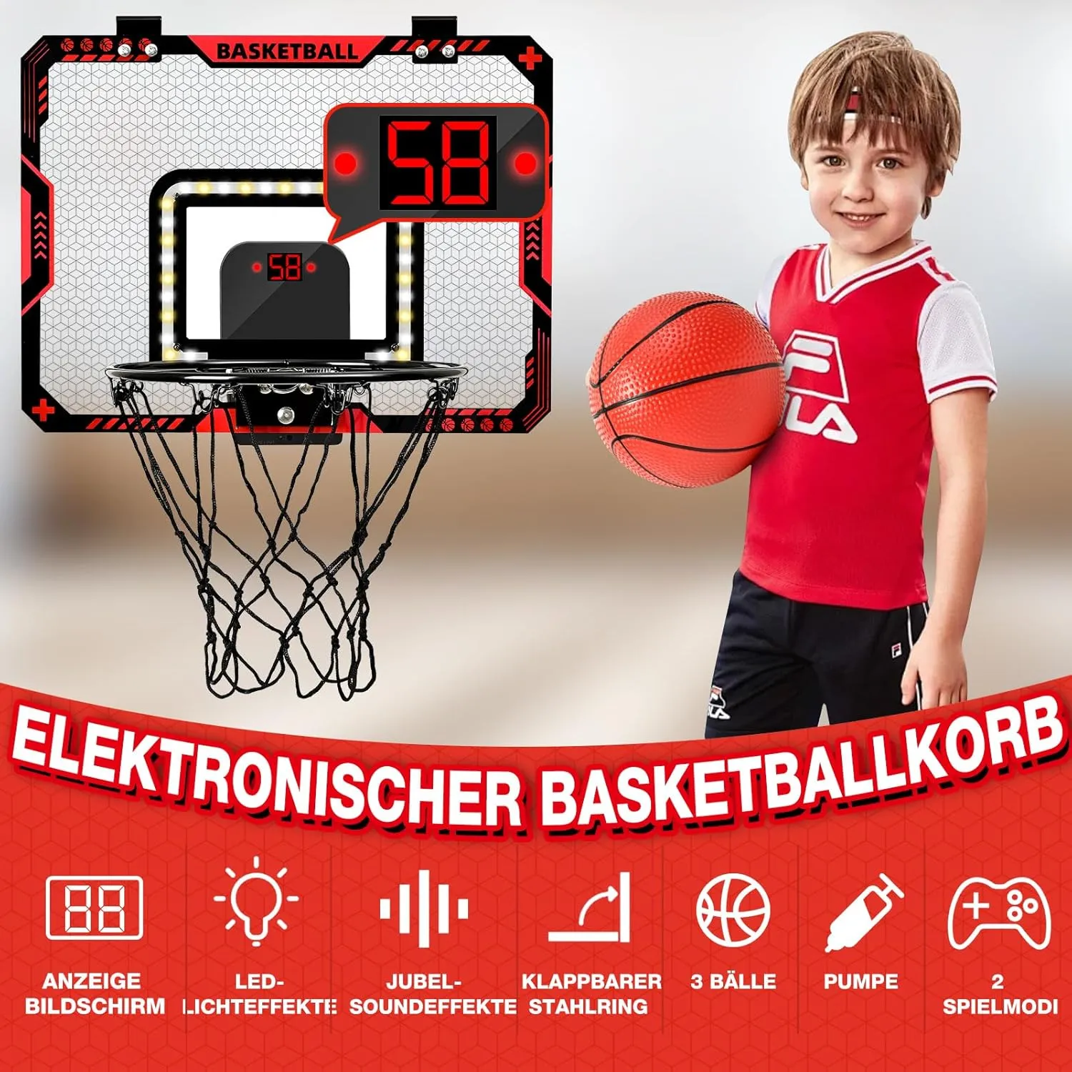 BATURU Basketball Hoop Indoor for Kids with LED Scoreboard – Over The Door Mini Basketball Hoop with Lights, Sound & 2 Game Modes – Includes 3 Balls, Pumps & Tools – Great Gifts for Boys Ages 5-12