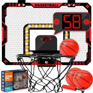 BATURU Basketball Hoop Indoor for Kids with LED Scoreboard – Over The Door Mini Basketball Hoop with Lights, Sound & 2 Game Modes – Includes 3 Balls, Pumps & Tools – Great Gifts for Boys Ages 5-12