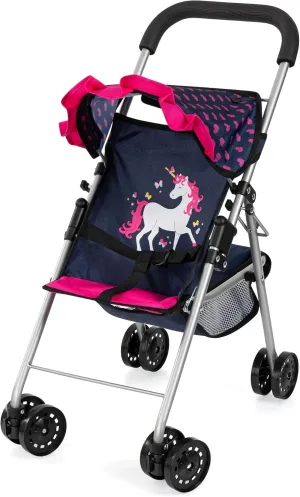 Bayer Design Dolls: Buggy Stroller - Blue, Pink Hearts, Unicorn - Accessory for Dolls Up to 18", Sun Canopy, Foldable, Seat Belt, Kids Toy, Ages 3 