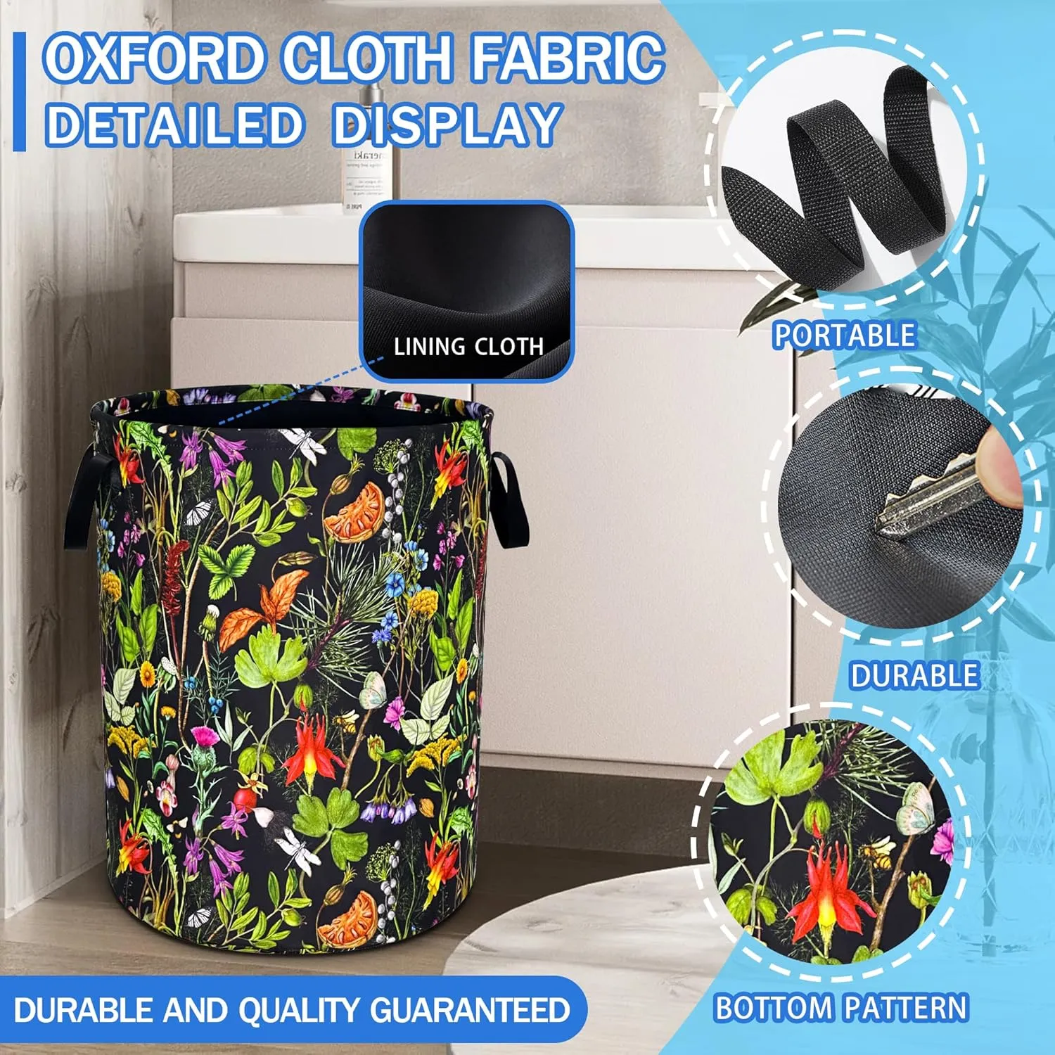 Beautiful Plants Flowers Laundry Basket Oxford Cloth Laundry Hamper With Handle Foldable Portable Clothes Storage Basket 18.9 X 16.5 In Storage Bag For Laundry Room/Bathroom/Bedroom/Dormitories