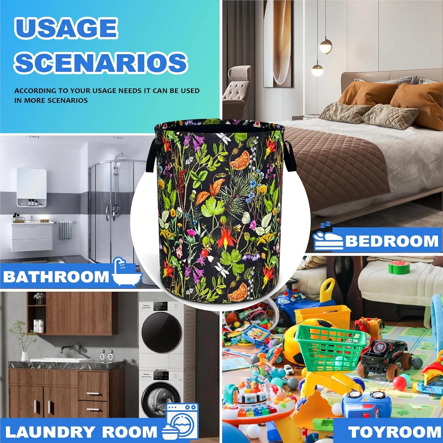 Beautiful Plants Flowers Laundry Basket Oxford Cloth Laundry Hamper With Handle Foldable Portable Clothes Storage Basket 18.9 X 16.5 In Storage Bag For Laundry Room/Bathroom/Bedroom/Dormitories