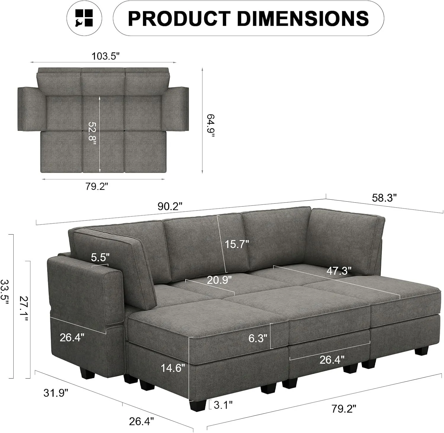 Belffin Modular Sectional Sleeper Sofa Couch Convertible Sectional Sofa Bed Couch. Light Grey