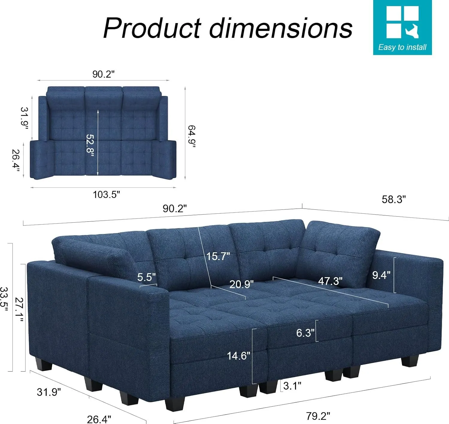 Belffin Modular Sectional Sofa with Storage Sectional Sleeper Couch Modular Sofa Bed for Living Room Blue