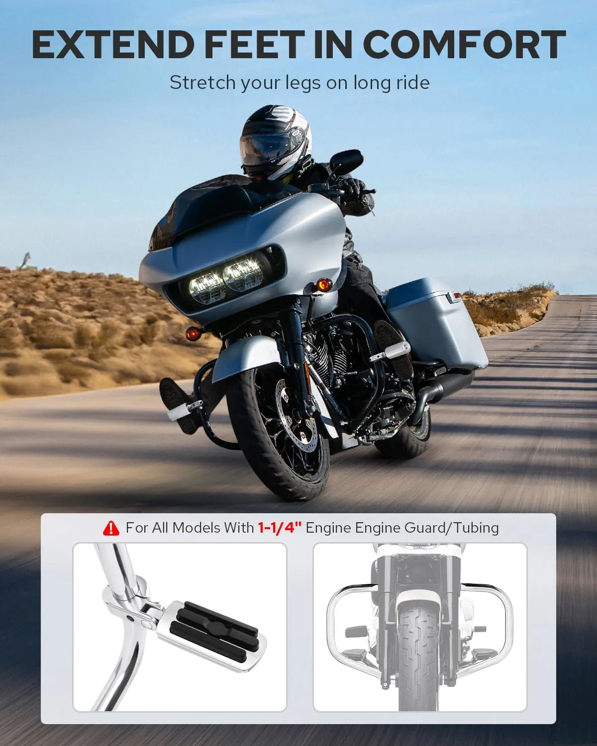 Benlari Highway Pegs A3 Steel Motorcycle Foot Pegs For 1.25" Engine Guard Highway Pegs For Crash Bars Foot Pedal Bracket Clamp Compatible With Harley Touring Electra Road Glide Road King