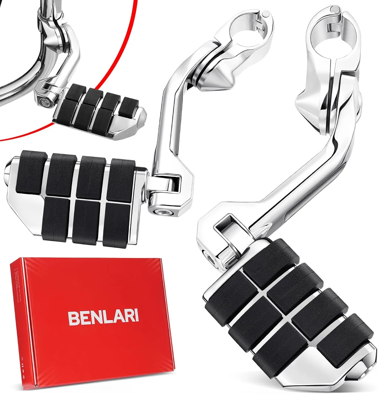 Benlari Highway Pegs,1.25" Highway Footpegs 304 Stainless Steel Adjustable Long Angled Fit for Harley Davidson Touring Street Glide Road Dyna Sportster Softail fits 1-1/4"(32mm) Engine Guard(Chrome)