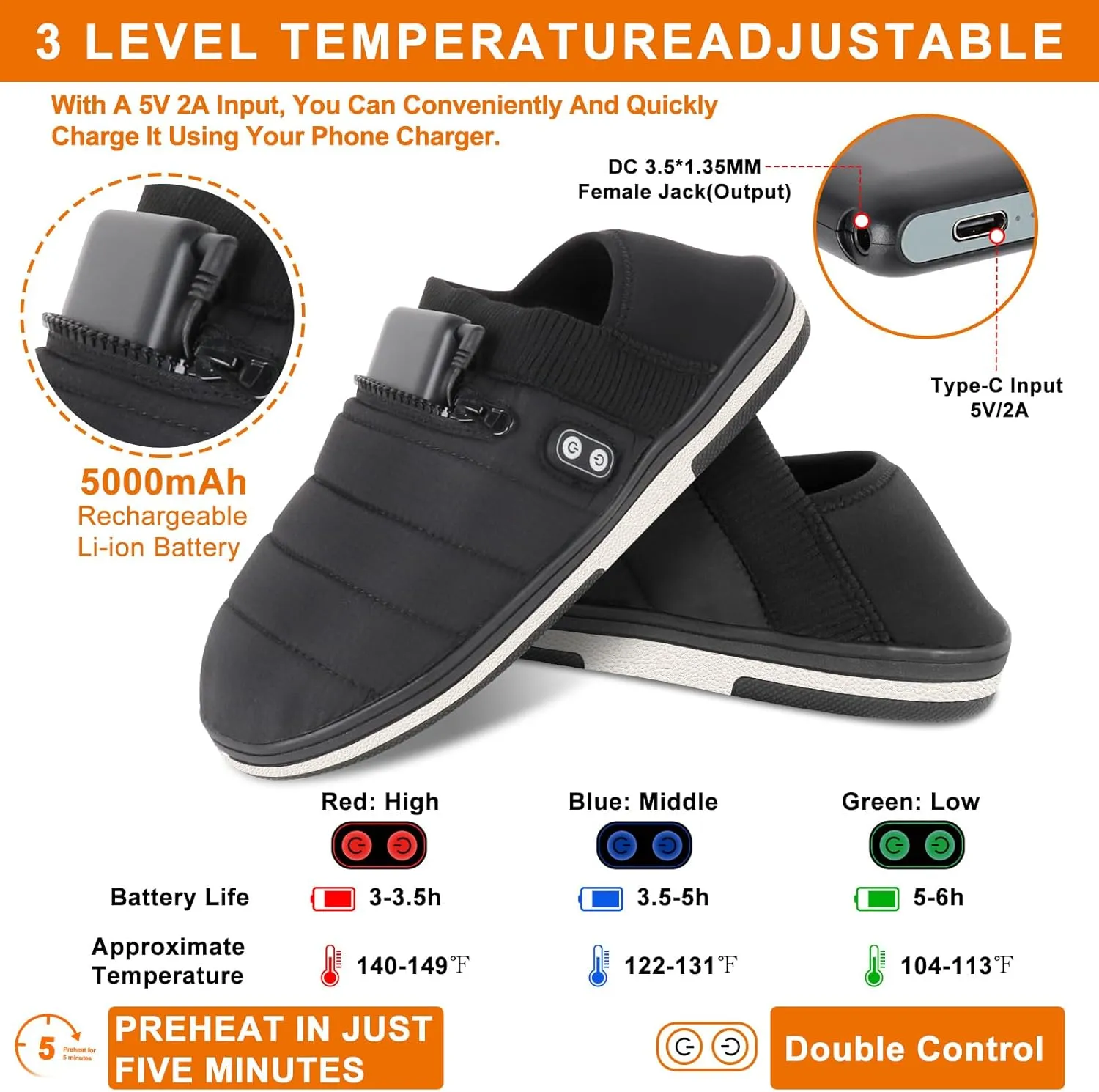BIAL Heated Slippers - Unisex Electric Heating Pad for Feet, Rechargeable Battery Shoes, Cordless Heat Foot Warmer for Men Women, Cold Weather Winter Slippers
